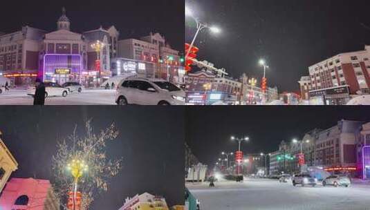 小城雪夜灯光街景行人高清在线视频素材下载