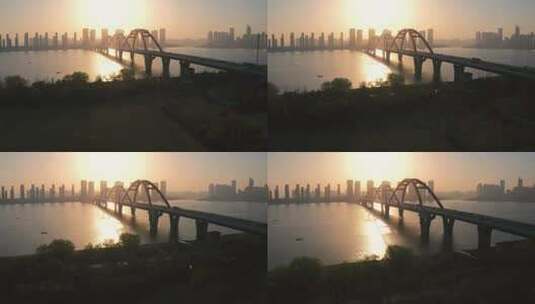 长沙福元路大桥清晨逆光唯美航拍高清在线视频素材下载