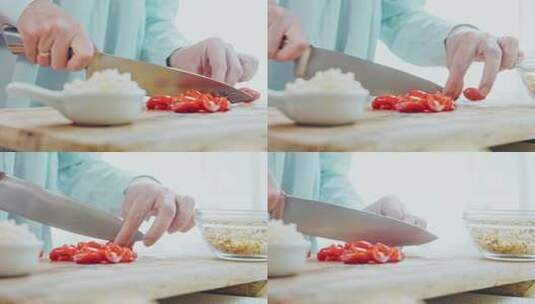 女人切西红柿和青椒高清在线视频素材下载