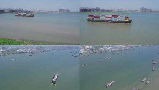 4K湘江中航行的集装箱运输船航拍空镜高清在线视频素材下载