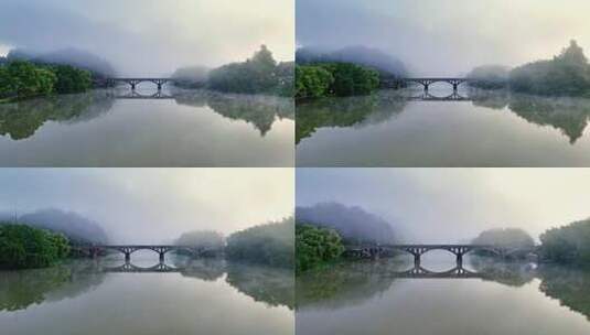 丽水缙云仙都风景区鼎湖峰村庄友谊大桥航拍高清在线视频素材下载