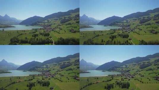 村庄与湖泊和山景高清在线视频素材下载