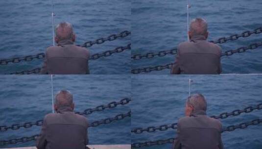 休闲生活老人海边钓鱼特写背影烟台大海风光高清在线视频素材下载