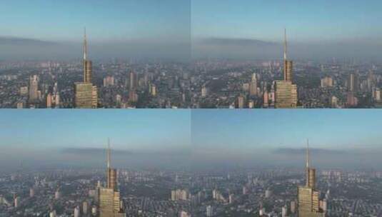 清晨时分的江苏南京紫峰大厦近景航拍高清在线视频素材下载