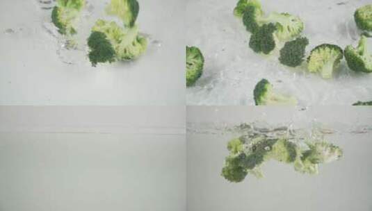 西兰花掉入水中慢镜头高清在线视频素材下载