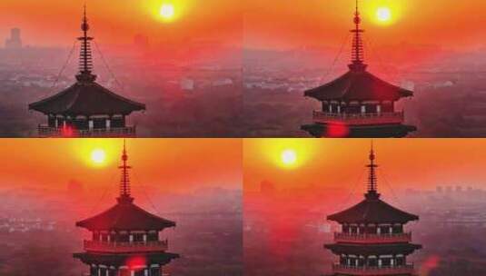 航拍扬州瘦西湖风景区大明寺日出清晨高清在线视频素材下载