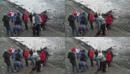 一群徒步旅行者做攀登冰川准备高清在线视频素材下载