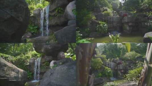 生态自然瀑布假山水流公园园林高清在线视频素材下载