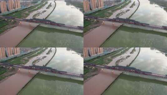 陕西省咸阳市咸阳湖古渡廊桥日落航拍高清在线视频素材下载