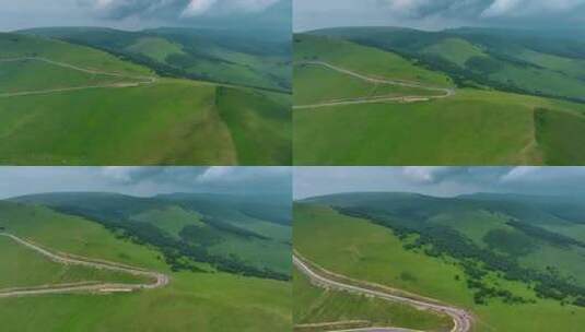 阿斯哈图石林周边草原丘陵的蜿蜒公路高清在线视频素材下载
