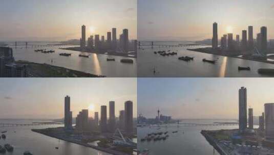 珠海横琴清晨日出航拍高清在线视频素材下载