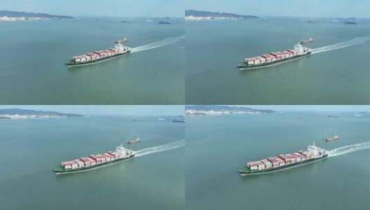 轮船进港航拍货轮航行集装箱货船远洋运输船高清在线视频素材下载