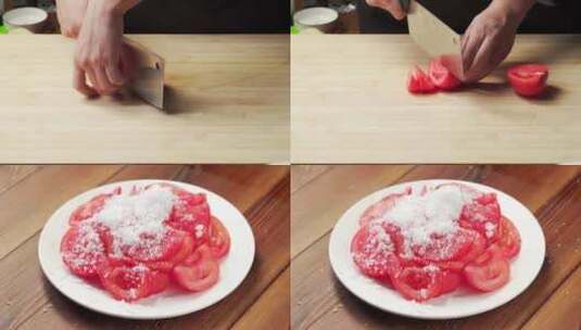 简单家庭甜品凉菜西红柿拌白糖制作过程高清在线视频素材下载