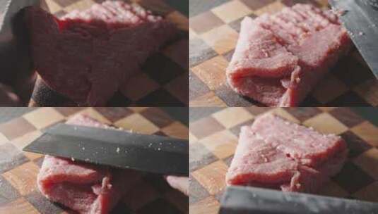 厨师菜刀剁肉馅肉糜猪肉在案板上高清在线视频素材下载