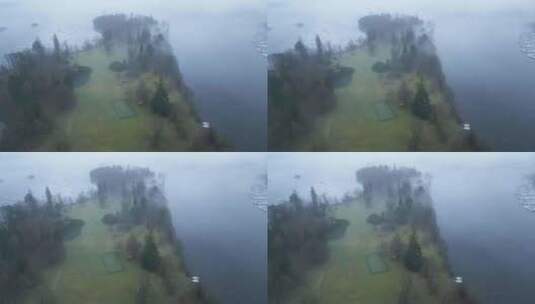 无人机在湖边小镇鲍尼斯的上空从画面的左侧高清在线视频素材下载