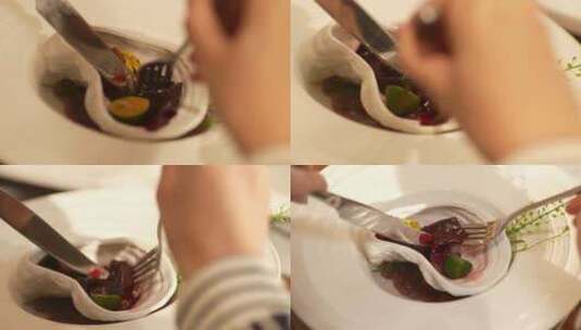 西餐使用刀叉分解食物高清在线视频素材下载