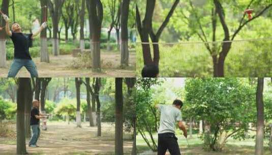 空竹 老人锻炼 公园老人空竹对抗运动高清在线视频素材下载
