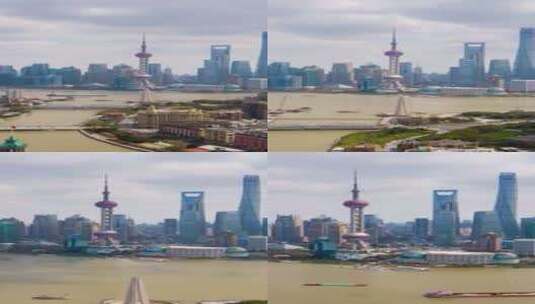 上海城市陆家嘴区与黄浦江中国鸟瞰垂直视频高清在线视频素材下载
