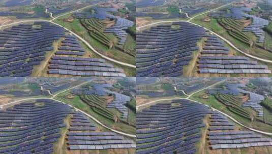 航拍农村山坡上的太阳能电池板光伏发电场高清在线视频素材下载