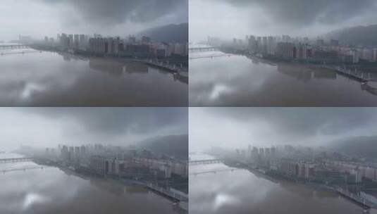 夏天汛期雨季来临，城市上空雨雾弥漫高清在线视频素材下载