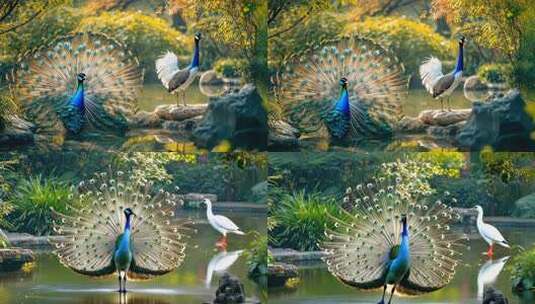 园林孔雀孔雀开屏 中式园林亭台楼阁湖水潺高清在线视频素材下载