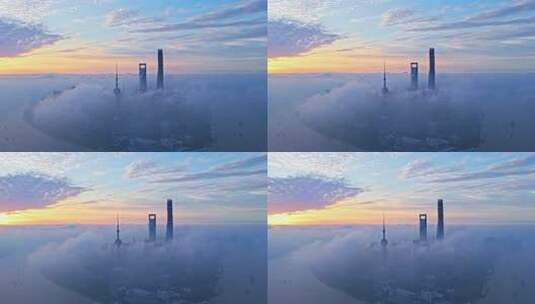 4k实时航拍上海外滩陆家嘴平流雾日出高清在线视频素材下载