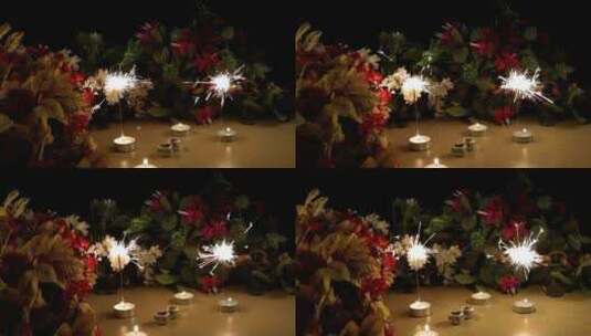 生日装饰品_蜡烛_照明弹和鲜花高清在线视频素材下载