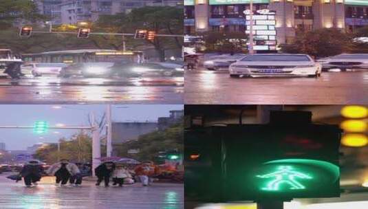 下雨夜晚城市路口人流车流文人合集-竖版高清在线视频素材下载