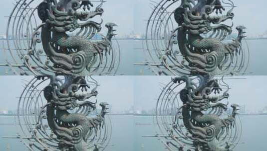 航拍杭州滨江钱塘江畔雕塑钱江龙高清在线视频素材下载