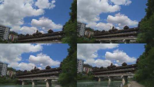 蓝天白云下的湖北省恩施州宣恩县侗族风雨桥景区高清在线视频素材下载