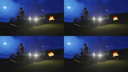 3D摩托车手围着营火闲逛高清在线视频素材下载