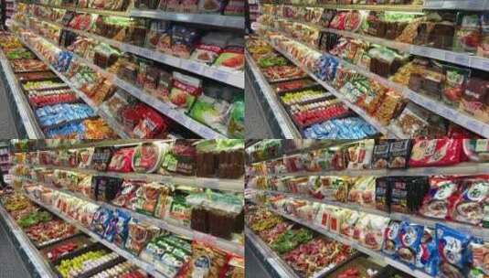 超市内部场景，零食、水果、牛奶货架商品高清在线视频素材下载