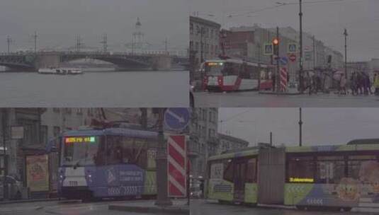 001俄罗斯圣彼得堡 涅瓦河 货轮 电车 交通高清在线视频素材下载