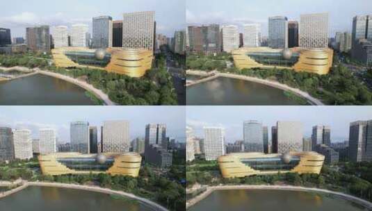 钱塘江上航拍杭州滨江城区现代城市建筑高清在线视频素材下载