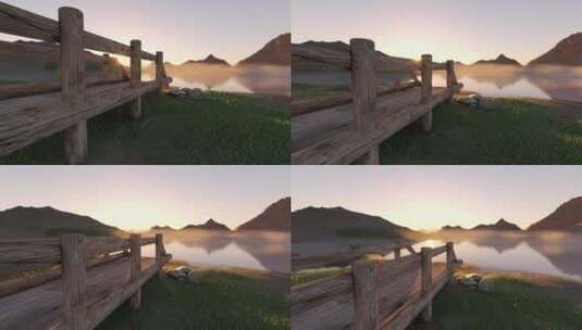 日出晨雾中寂静的湖面和木栈桥C4D动画高清在线视频素材下载