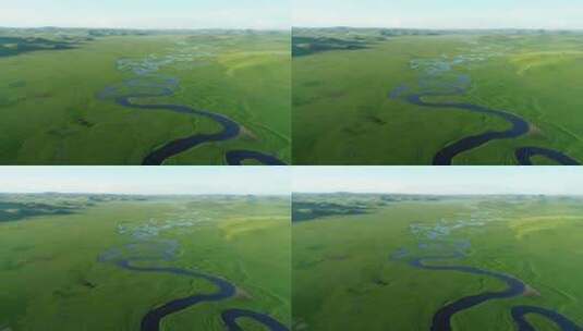 航拍绿色草原蓝色河湾高清在线视频素材下载