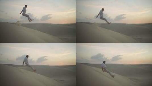 男人在沙漠跳跃高清在线视频素材下载