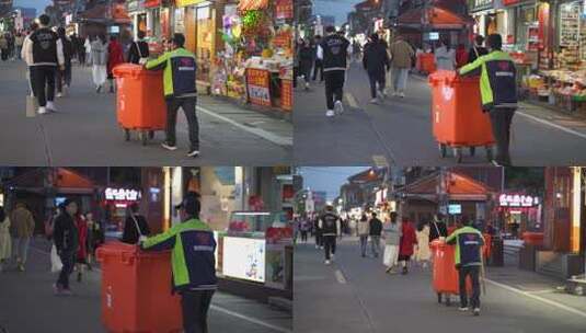 人行街道路环卫工推垃圾桶高清在线视频素材下载