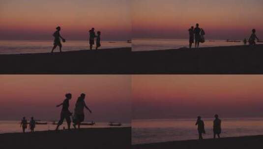 唯美海边日出日落散步的夫妻高清在线视频素材下载
