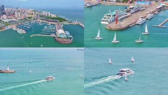 青岛奥帆中心帆船游船出港4k航拍高清在线视频素材下载
