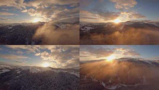 雪原雪林云雾日出雪松雪域清晨雪景穿越云雾高清在线视频素材下载