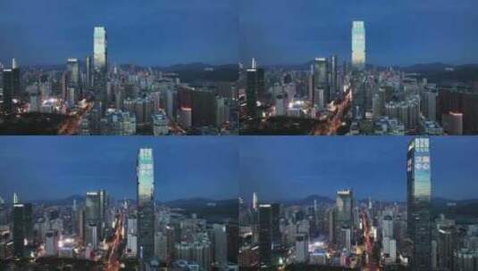 4K深圳福田区汉国中心建筑群夜景蓝调航拍高清在线视频素材下载