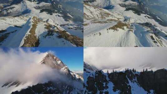 FPV穿越机无人机航拍雪山森林山脉日出白云高清在线视频素材下载