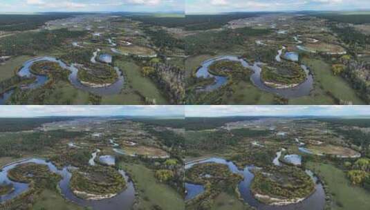 航拍内蒙古呼伦贝尔弯曲的河流湿地秋季景观高清在线视频素材下载