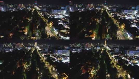 山东济南宽厚里步行商业街解放阁夜景航拍高清在线视频素材下载