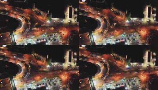 航拍夜晚三岔路口的车流高清在线视频素材下载