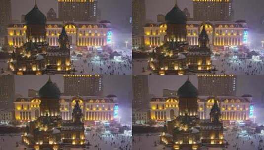 中国黑龙江哈尔滨索菲亚教堂雪景航拍高清在线视频素材下载