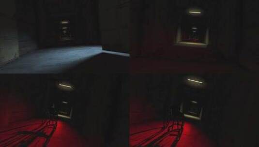 黑暗恐怖走廊里的动态恐怖电影场景，空轮椅高清在线视频素材下载