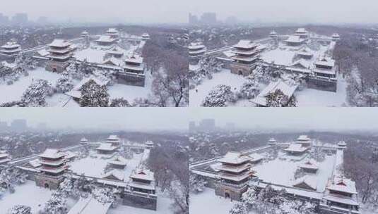 辽宁沈阳北陵公园清昭陵大雪中古建筑航拍高清在线视频素材下载