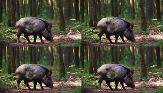 野猪在森林中行走觅食的自然景象高清在线视频素材下载